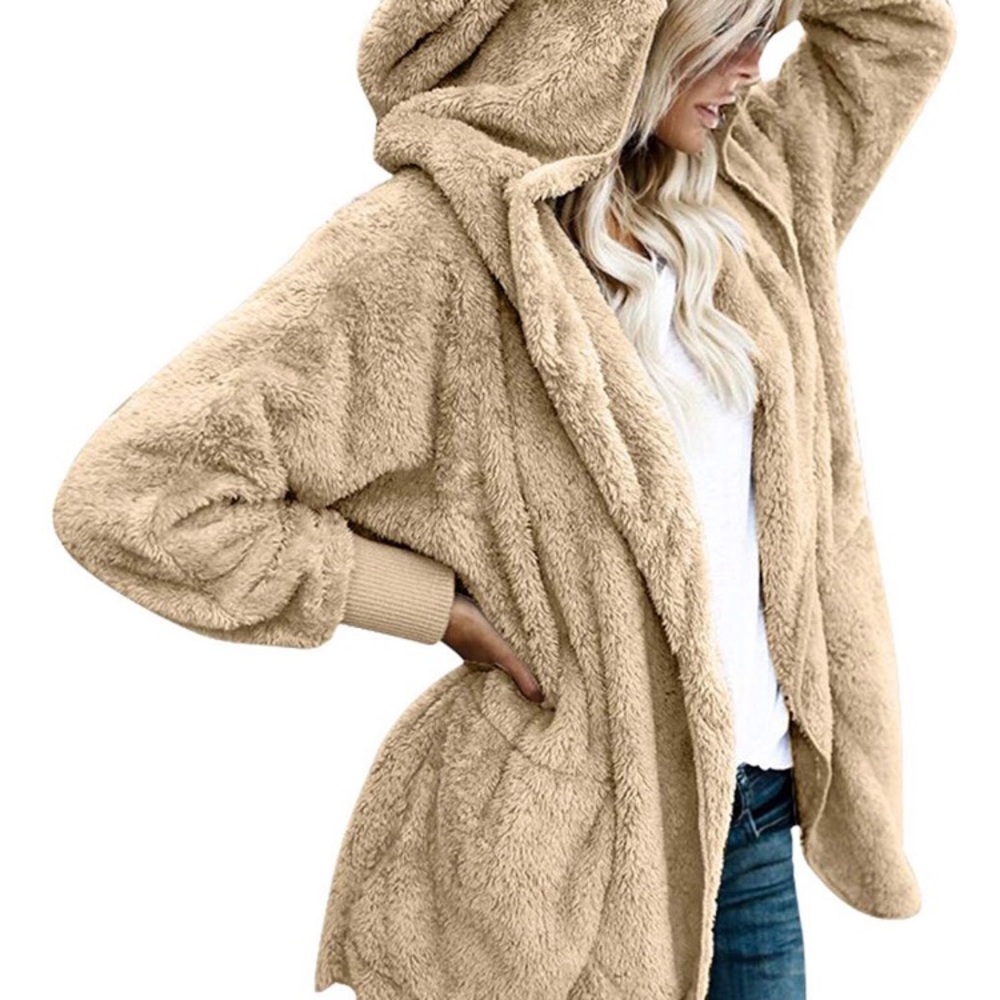 Hooded Cardigan Pocket Faux Fur Outerwear Coat